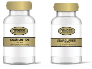 Two vials of medication: cagriltide and semaglutide.