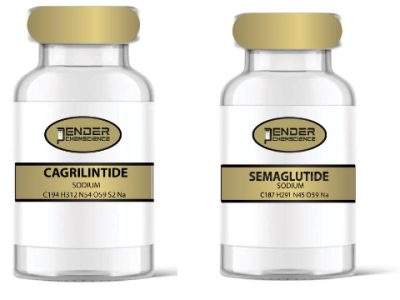 Two vials of medication: cagriltide and semaglutide.