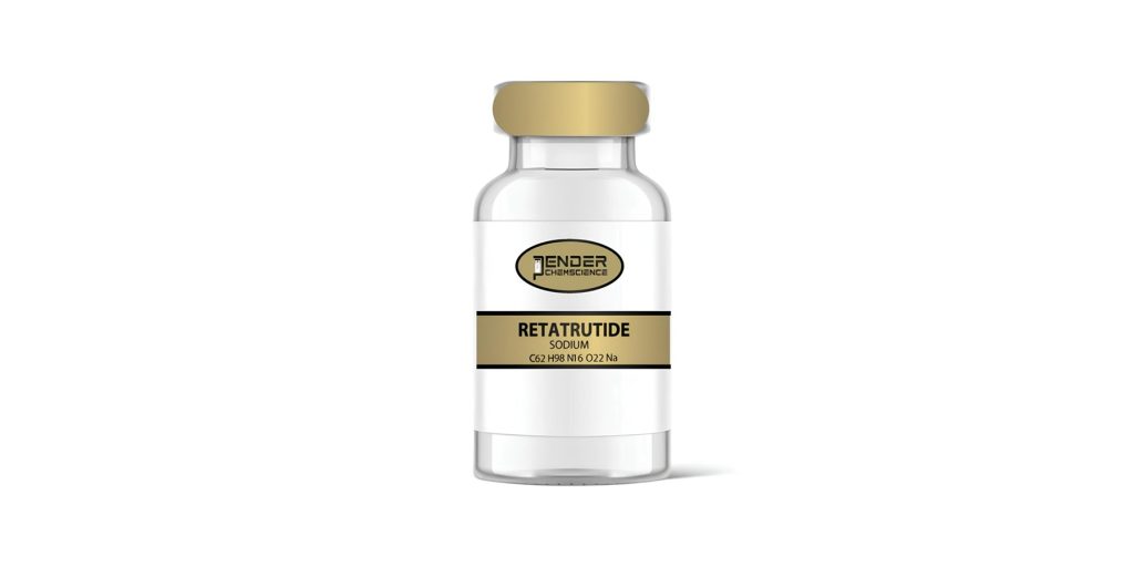 A vial labeled 'Retatrutide' with a gold cap.